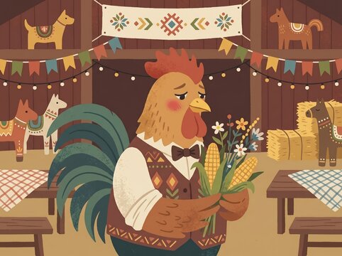 Shy Rooster Holding Flowers in Festive Barn