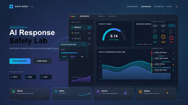 AI response safety lab dashboard with toxicity index, scenario matrix, regression chart, evidence log, injection analysis, and dark testing UI