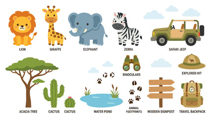 Obraz premium Cute Flat Design Safari Wildlife Adventure Elements. Cartoon Animals, Nature, and Travel Icons Set
