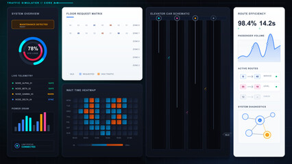 Smart elevator traffic simulator dashboard with floor request matrix, car schematic, wait time heatmap, route efficiency, diagnostics, and telemetry © Антон Сальников