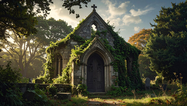 Abandoned stone chapel amidst foliage