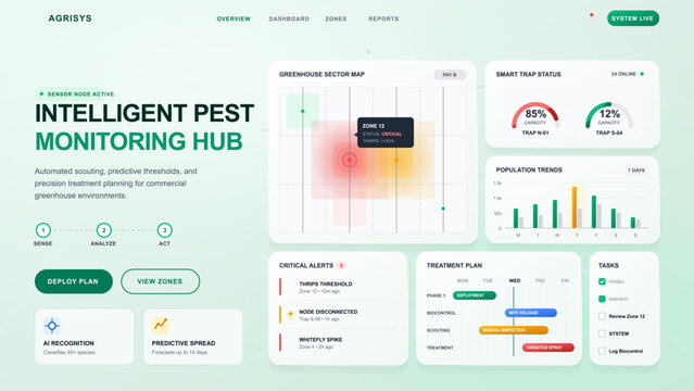 Greenhouse pest monitoring dashboard with sector map, smart trap gauges, population trends, critical alerts, treatment plan, tasks, and clean UI