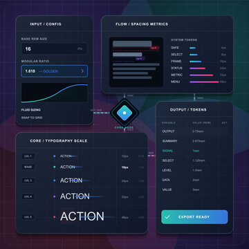 Futuristic typography scale calculator dashboard with modular ratio input, spacing metrics, token output table, core node, and export ready panel.