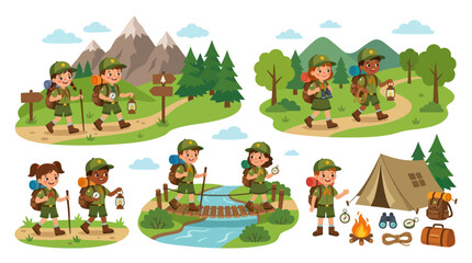 Naklejka premium Kids Camping and Hiking Adventure Flat Vector Illustrations