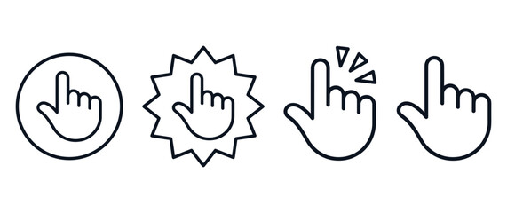 Fototapeta premium Hand cursor click icons with starburst and circle focus design elements.
