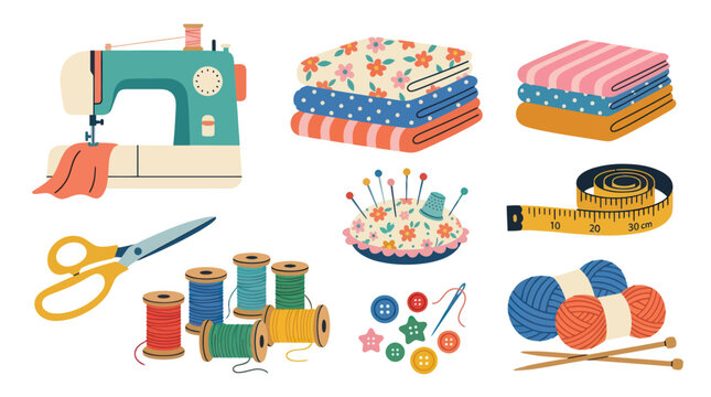 Flat Illustration of Sewing Machine, Fabric, Threads, Scissors, Pins, Buttons, and Yarn