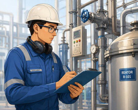 Ilustra&ccedil;&atilde;o digital realista de t&eacute;cnico qu&iacute;mico industrial realizando inspe&ccedil;&atilde;o operacional em planta qu&iacute;mica. Profissional utilizando equipamentos de prote&ccedil;&atilde;o individual (EPI), incluindo capacete.