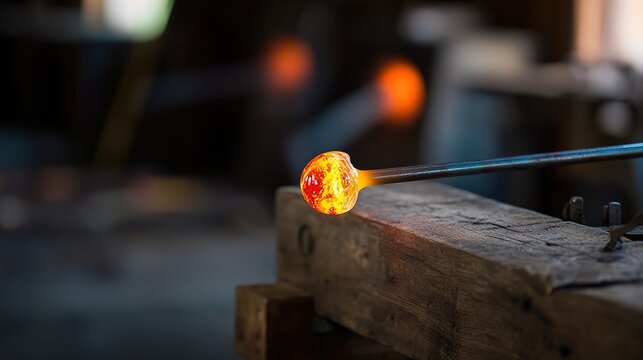 blowpipe. A long metal blowpipe on a workbench with molten glass glowing at its tip. safety posters, maintenance manuals, designed for industrial assembly lines and welding operations.