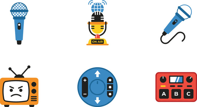 Broadcasting and Podcast Audio Flat Icon Set Featuring Microphones Retro Television Screen Sound Control Interface and Audio Effects Pedal Vector Graphics