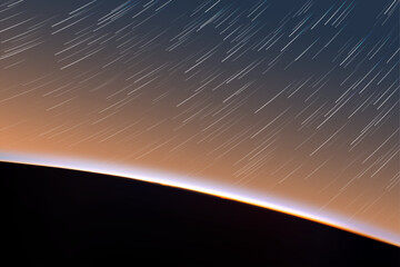 Outline of planet in orange blue space. Earth horizon and star trails © arvitalya