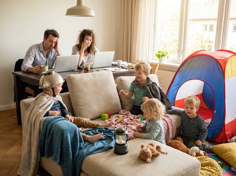 Home office chaos Parents juggle work and kids