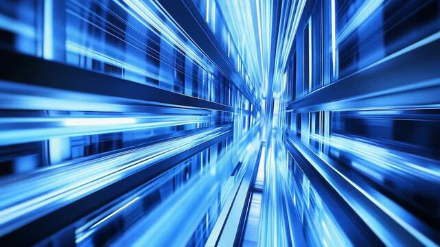 Abstract digital rendering showing a dynamic blue light tunnel, symbolizing high speed data transfer, technological advancement, and the future of connectivity
