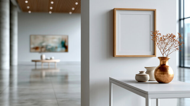 Blank white A2 size fine art print in a slim natural oak floating frame hanging centered on a clean white gallery wall above a slim white console table with two small ceramic