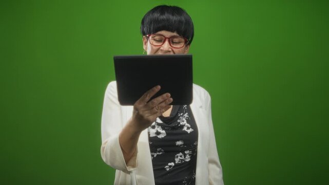 Woman holding tablet with right hand and reading the touchscreen while wearing glasses and a white jacket in studio; focused learning.