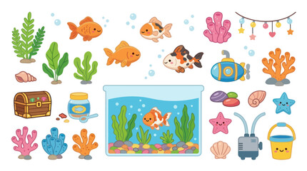 Naklejka premium Cute Aquarium Scene with Goldfish, Treasure Chest, and Submarine, Flat Illustration