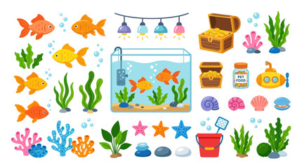 Naklejka premium Flat Vector Pet Aquarium Elements and Marine Life Accessories Collection for Fish Tank Design