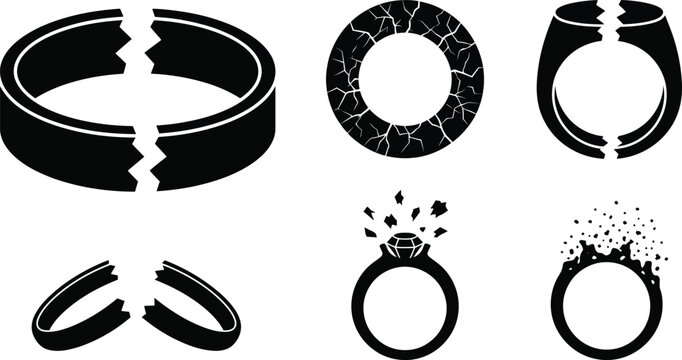 Collection of broken rings symbolizing divorce, separation, and relationship breakdown.