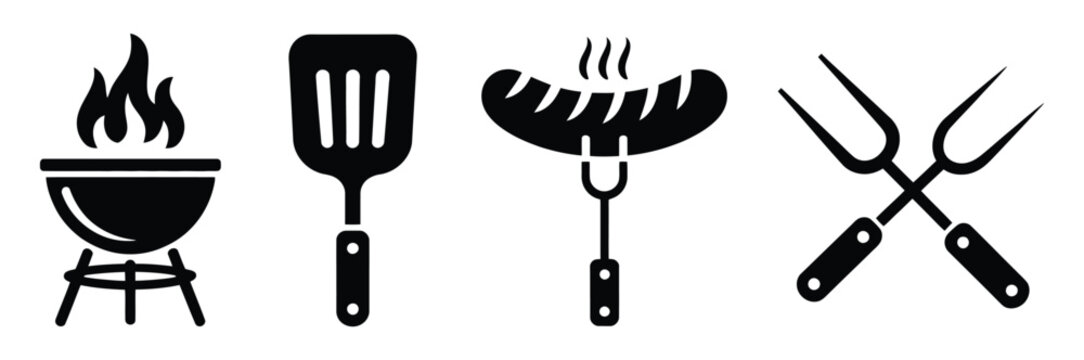 BBQ icon design showing barbecue grill tools fire skewers steak and outdoor cooking vector illustration