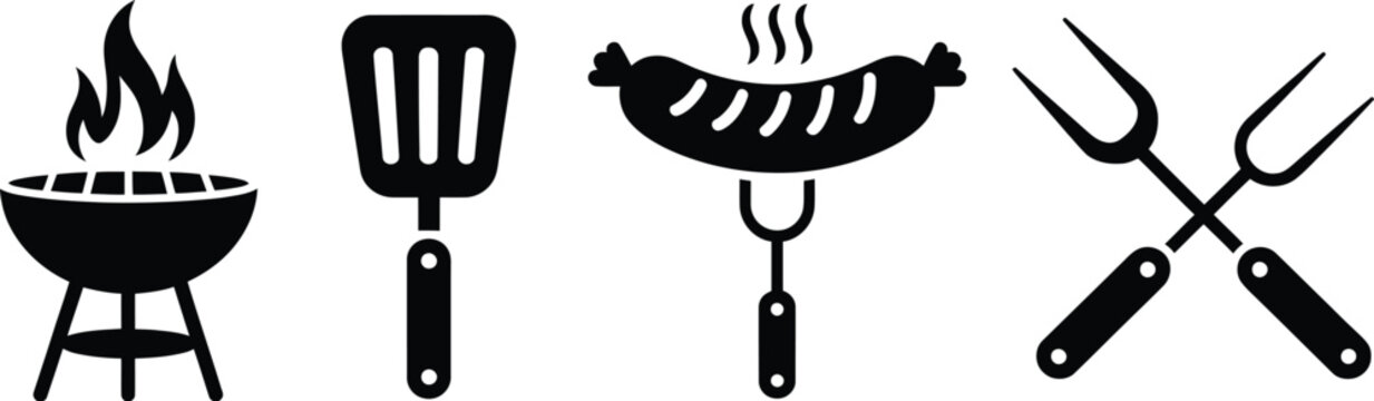 BBQ icon featuring barbecue grill tools fire skewers steak and outdoor cooking vector illustration design