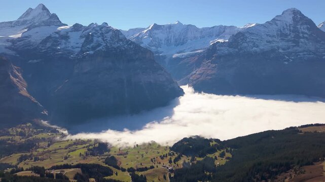 Panoramic aerial view of Grindelwald valley and alpine village with morning sea of clouds surrounded by the Eiger and Wetterhorn mountains. Canton of Bern, Switzerland.