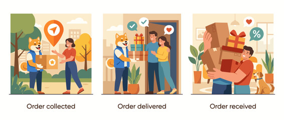 Fototapeta premium Three-step illustration depicting the journey of an online order from collection, through delivery, to final receipt, emphasizing convenience in modern shopping experiences.