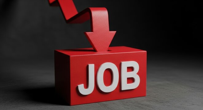 Red 3d block with the word job and a downward pointing arrow representing unemployment crisis