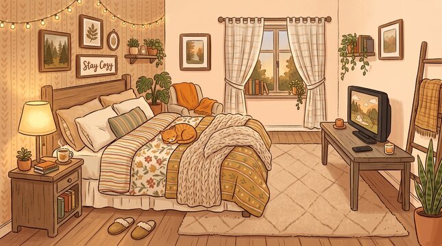Cozy bedroom interior illustration