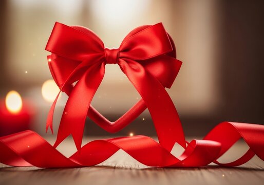 Crimson ribbon, soft focus, hints of candlelight, a moment of anticipation.