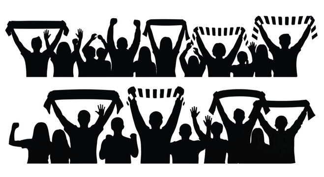 Crowd of silhouetted fans cheering with scarves hands raised team spirit cheering silhouettes supporters celebration spectators audience