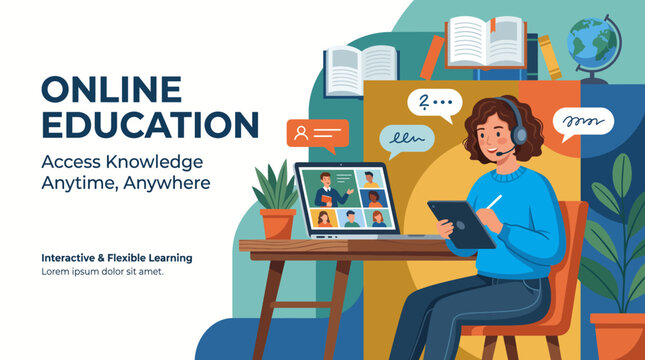 An illustration showcasing online education with a student interacting via a tablet, symbolizing flexibility and accessibility in modern learning environments.