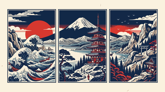 Three artistic panels illustrate iconic japanese landscapes featuring mountains and traditional architecture.