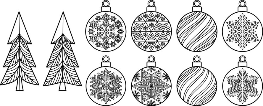Christmas line art vector icon set featuring textured pine trees and decorative bauble ornaments with intricate snowflakes and geometric patterns