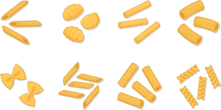 Pasta Vector Illustration Set with Penne, Fusilli, Rigatoni, Farfalle, and Croissant-Style Pasta Shapes for Italian Cuisine, Cooking, Food, and Culinary Designs