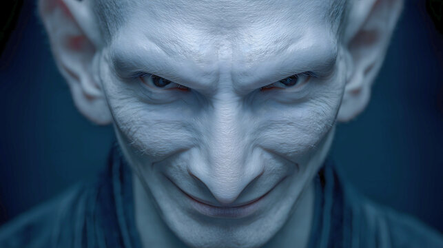 Terrifying Silat jinn featuring pale blue-tinted skin, large pointed ears, and a menacing grin, dark fantasy background.