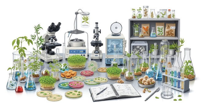 Extensive collection of scientific laboratory equipment for plant growth studies with test tubes petri dishes science lab bench research facil