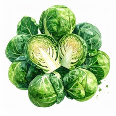 Fototapeta premium Freshly Cut Brussels Sprouts Halves Showcasing Green Leaves and Layers of Texture