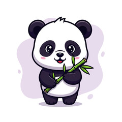 Fototapeta premium Adorable vector flat design illustration of a cute baby panda holding bamboo stalks with a soft purple background