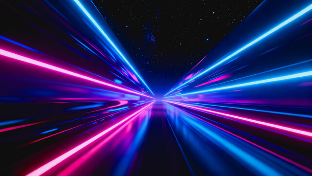 This sci-fi background features a hyperspace speed tunnel with glowing neon blue and pink light trails, creating a dynamic motion blur effect in dark space.