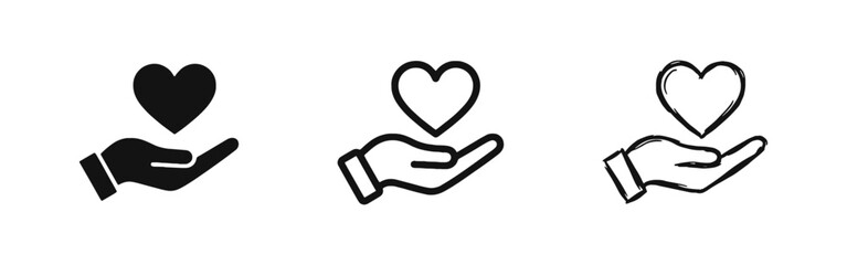 Hand Holding Heart Icon Set in Solid, Outline and Sketch Styles for Care and Charity © drawing lines