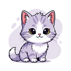 Fototapeta premium Charming Vector Flat Design Illustration of a cute fluffy kitten with big eyes and grey stripes, perfect for children's