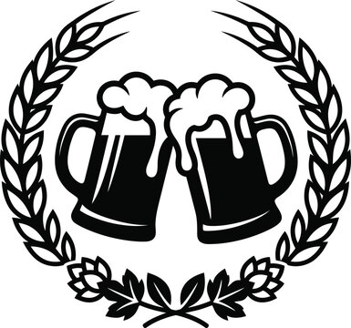 Two beer mugs with foam cheers emblem surrounded by wheat and hop wreath.