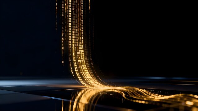 Digital binary code flow on reflective surface