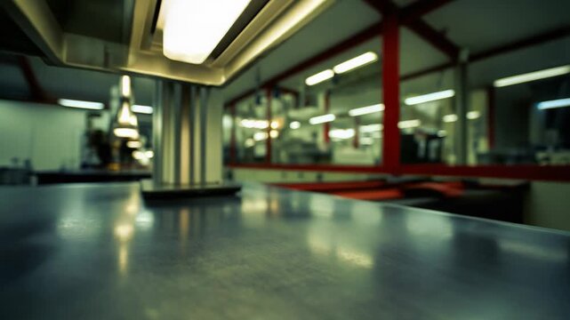 Empty metallic workbench surface under bright lights in a clean laboratory or industrial setting, providing a versatile background for scientific research, healthcare, or technology concepts