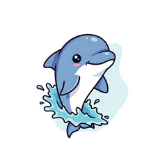 Naklejka premium Cute vector flat design illustration of a happy blue dolphin jumping out of splashing water with a smile
