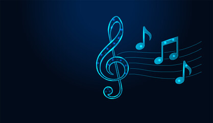 Low poly wireframe music notes and treble clef on dark blue background. © YULIYA