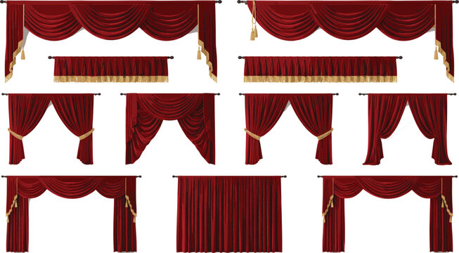 Luxury Red Velvet Theater Curtains and Drapes Set with Golden Tassels for Stage Background Design Vector