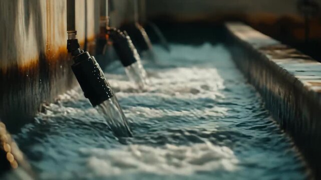 Purified water flowing from pipes into a channel, indicating advanced filtration and recycling processes instrumental for environmental conservation and sustainable resource management