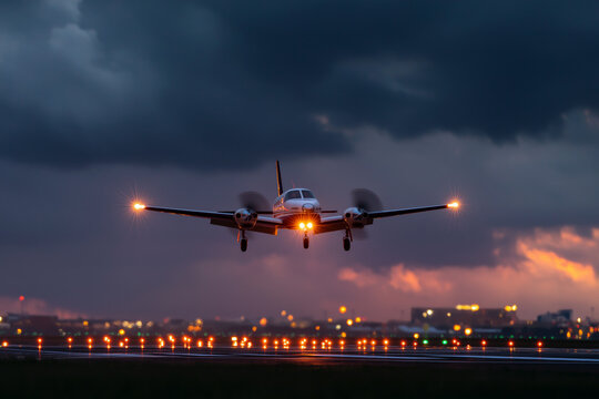 Small propeller plane battling crosswind during landing approach, runway lights visible below, stormy dusk sky, intense aviation moment