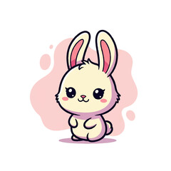 Obraz premium Adorable vector flat design illustration of a cute fluffy white bunny rabbit with big eyes and pink accents