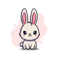Fototapeta premium Cute white bunny rabbit in a vector flat design illustration, adorable cartoon animal with big eyes and pink accents